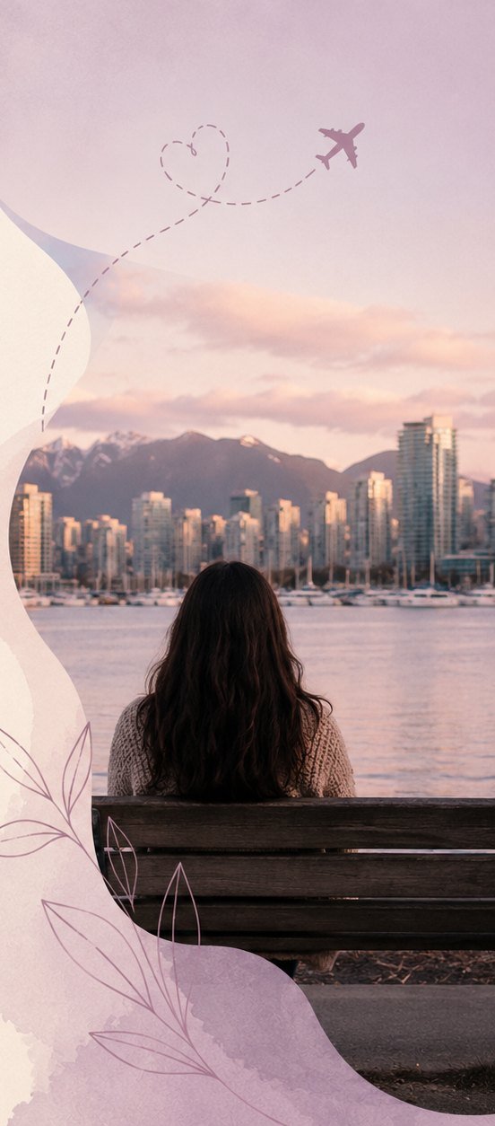 Persona sentada en una banca frente al skyline de Vancouver al atardecer